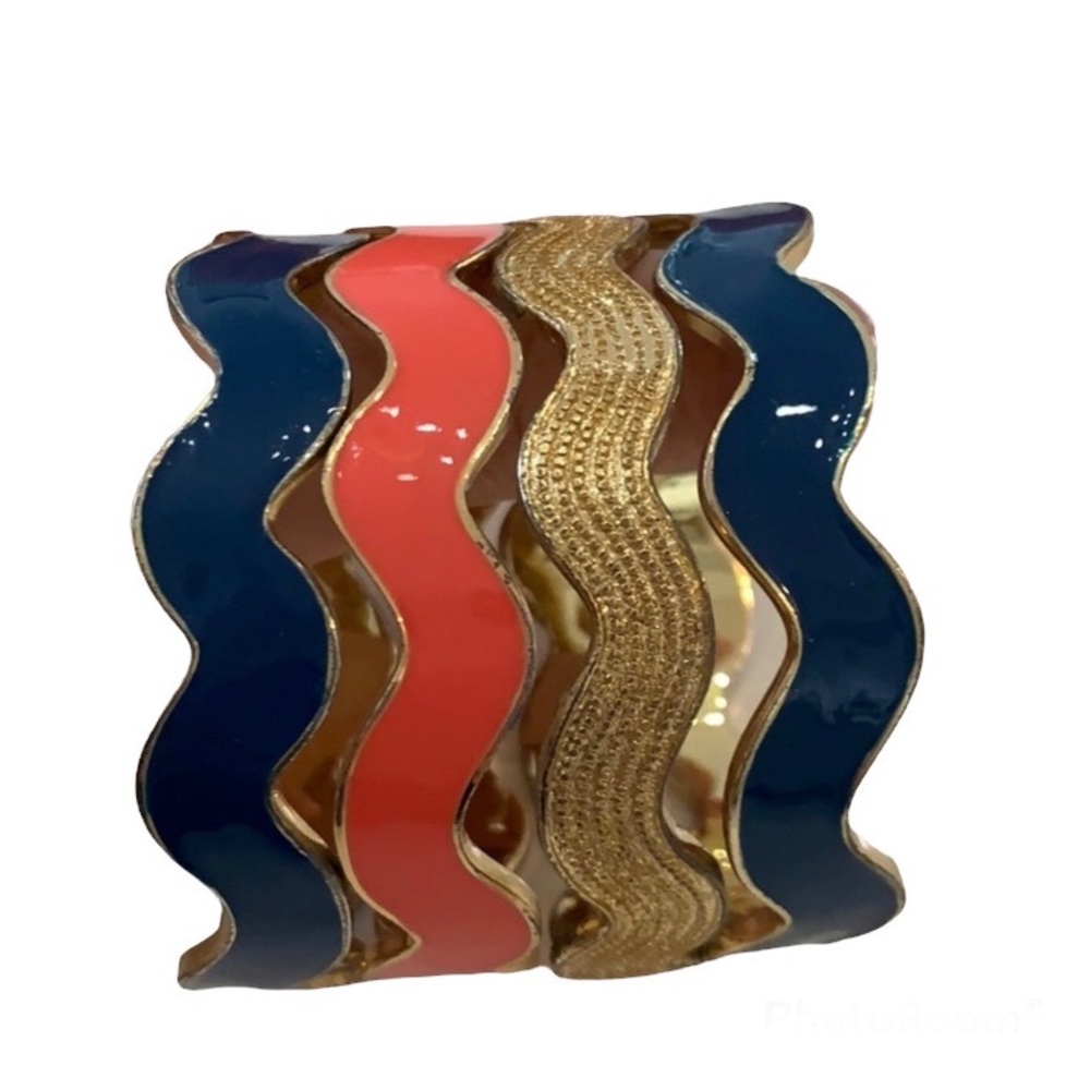 🇺🇸 Lilly Pulitzer Ric Rac Bangle Bracelet Set Navy Coral Gold